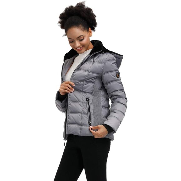 π Women Grey Down Puffer Jacket Warm Winter Coat Faux-Fur Collar Hooded Comfort - Picture 2 of 7